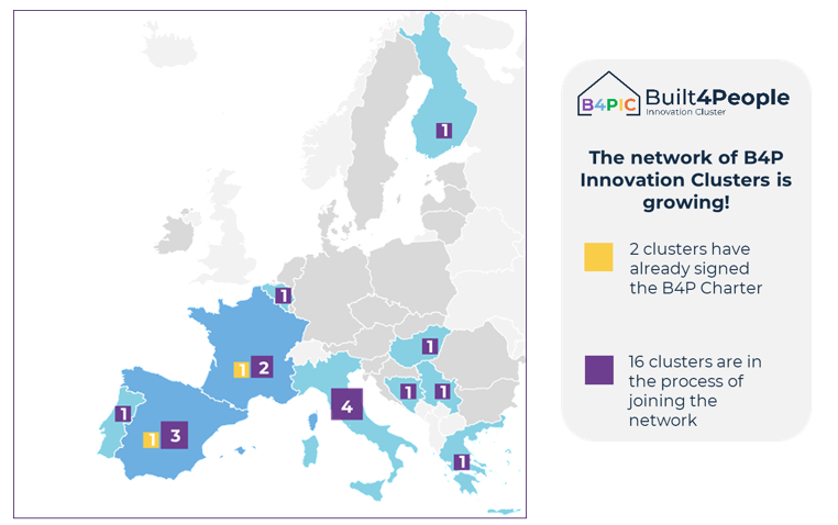 Location of the 16 Prospective Built4People Innovation Clusters and of the two B4PIC